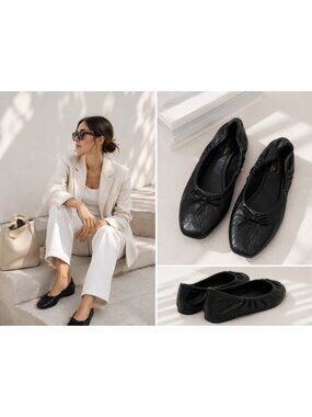 Seychelles Black Leather Ballet Flats Women Size 8 Square Toe Minimalist Slip On